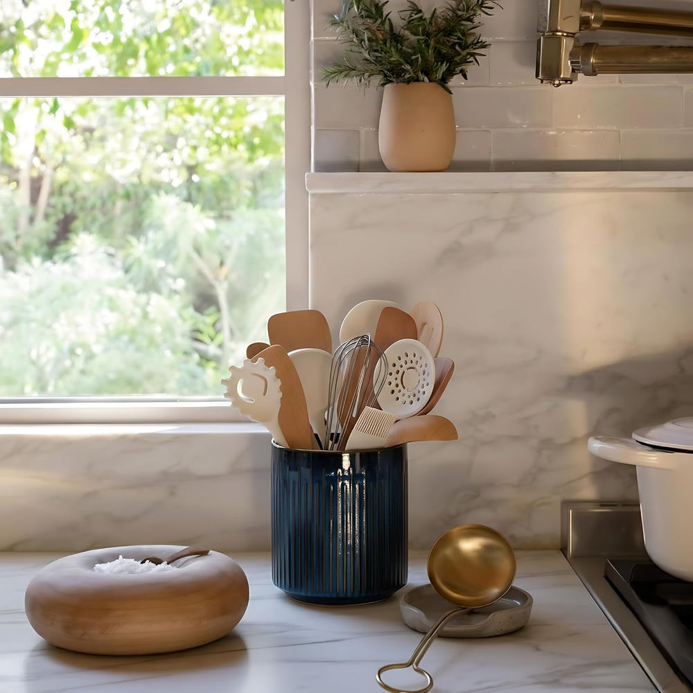 JIEMEI HOME Kitchen Utensil Holder, 7.2" Large Ceramic Stable Utensil Cr...