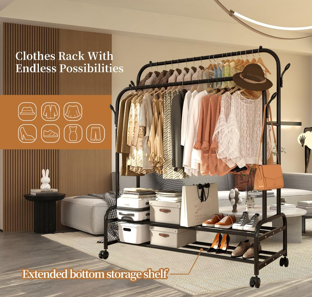 Antiwar Sturdy Metal Double Rodding Clothes Rack With Wheels, Portable Clothi...