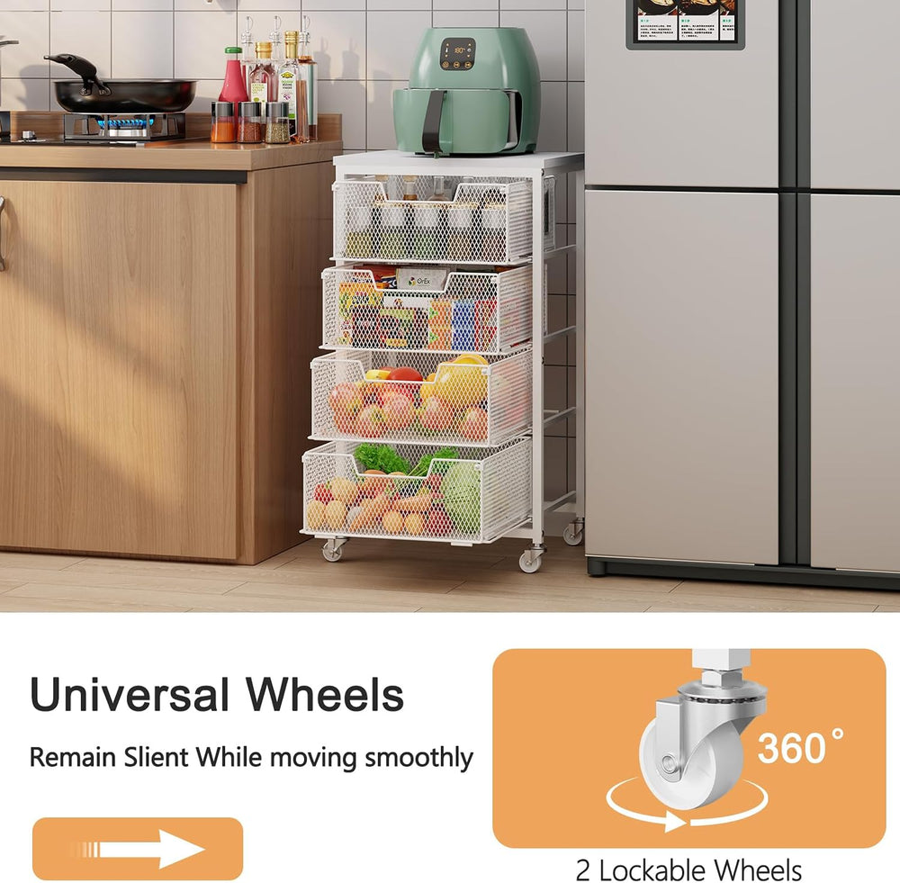 4-Tier Kitchen Storage Cart - Fruit Vegetable Storage Cart with Drawers, Wood...