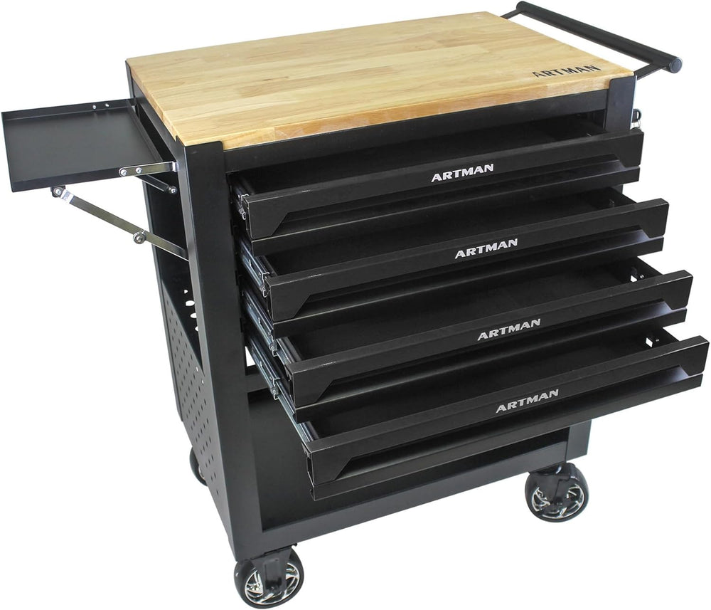 Lockable 4-Drawer Rolling Tool Chest with Wooden Top Workbench