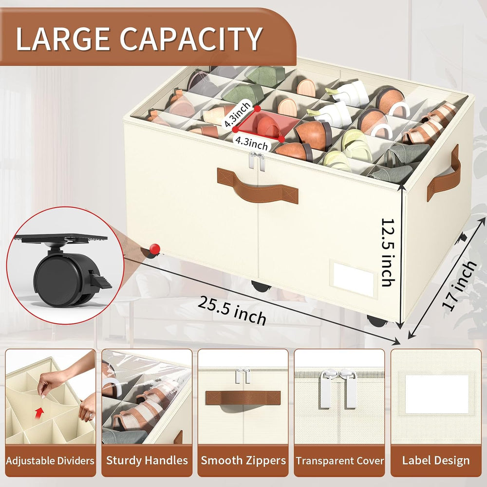 Foyego 2 Pack Shoe Organizer for Closet, Shoe Storage with Wheels, Beige