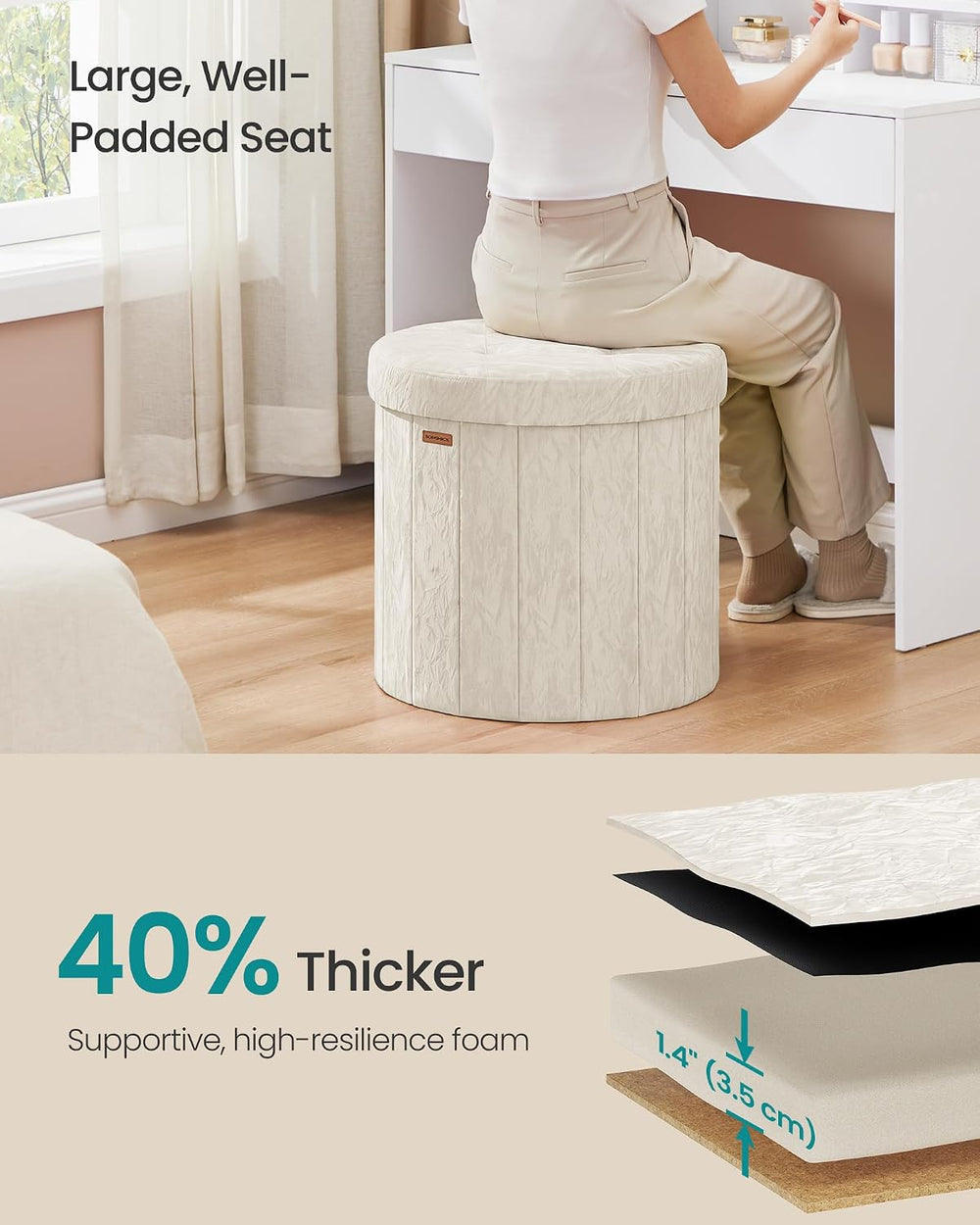 SONGMICS Storage Ottoman Round PU Vanity Stool, 18.5 x 18.5 x 17.7 Inch