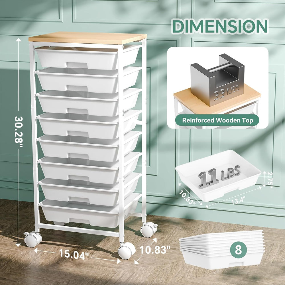 Ekisemio Rolling Cart with 8 Drawers, Storage Drawers Cart with Wooden Tablet...