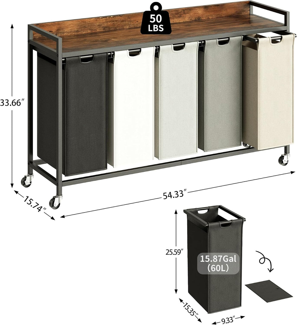 Herture Laundry Hamper with Shelf, Laundry Basket 5 Section, Laundry Sorter w...