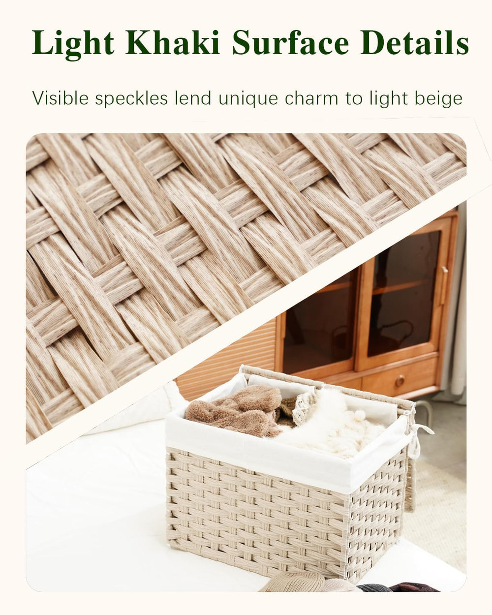 SETVSON Storage Basket with Lid, 2-Lid PE Rattan Storage Bin, Light Khaki