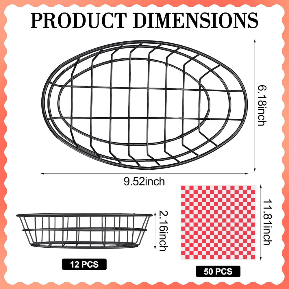 Hushee 12 Pcs Wire Fast Food Baskets Bulk, Bread Chip Basket, Black Oval