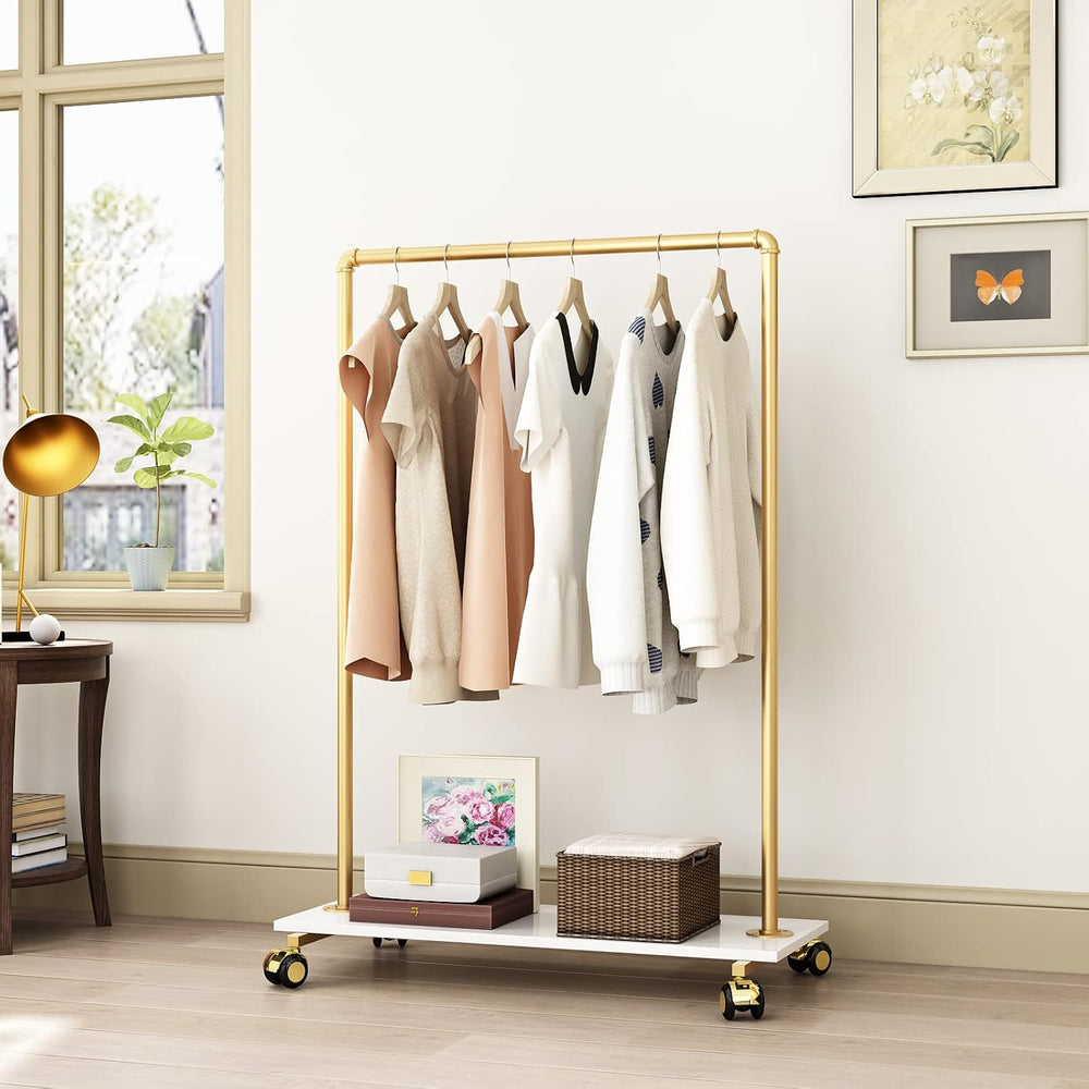 Gold Metal Clothing Rack with Wood Shelf, Heavy Duty Rolling Garment Rack wit...