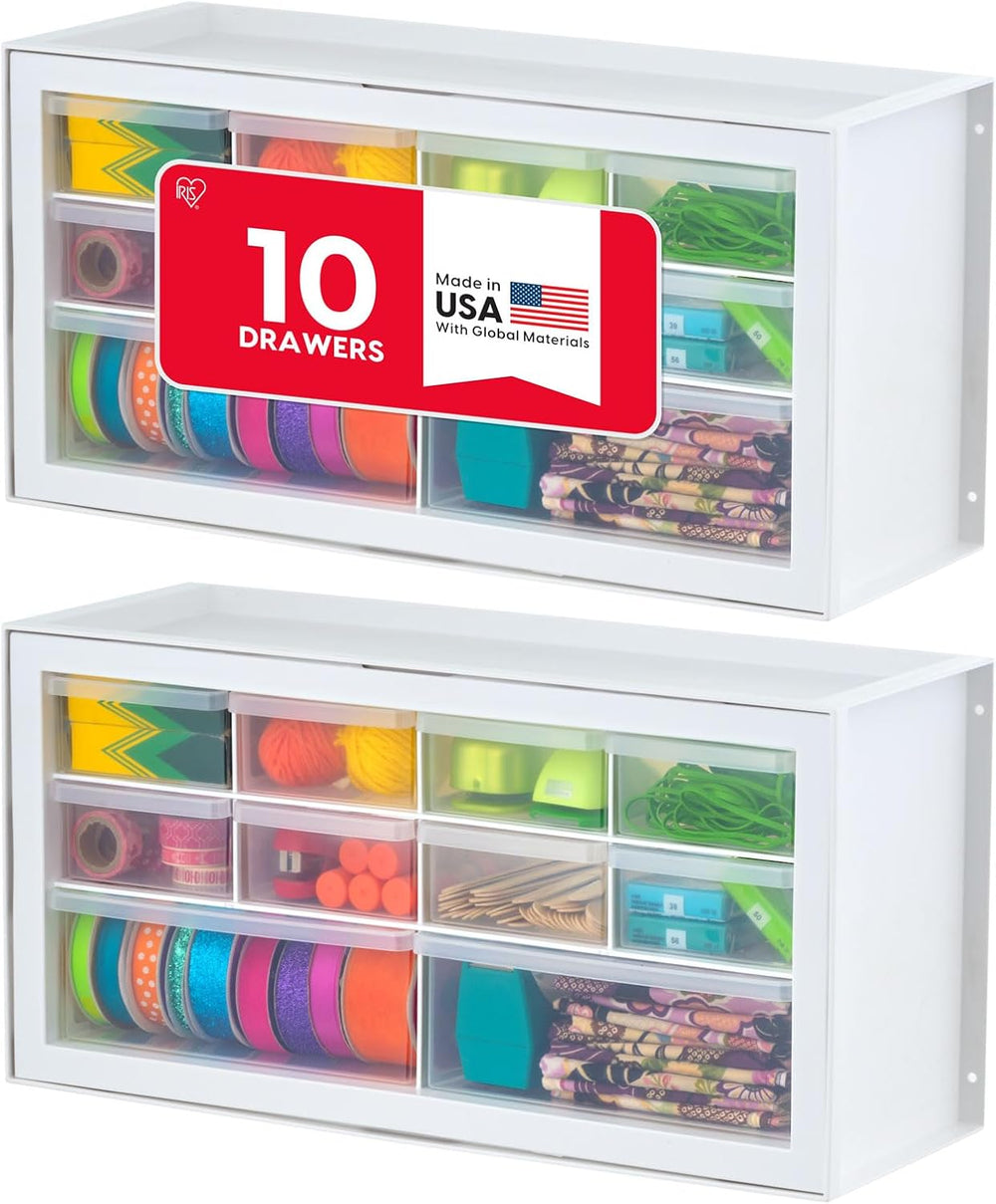 IRIS USA 10-Drawer Organizer, 2 Pack, Makeup Tool Craft Storage, White