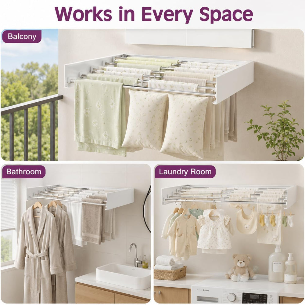 Wall Mounted Clothes Drying Rack, Foldable Retractable Laundry Rack with 5 Ro...