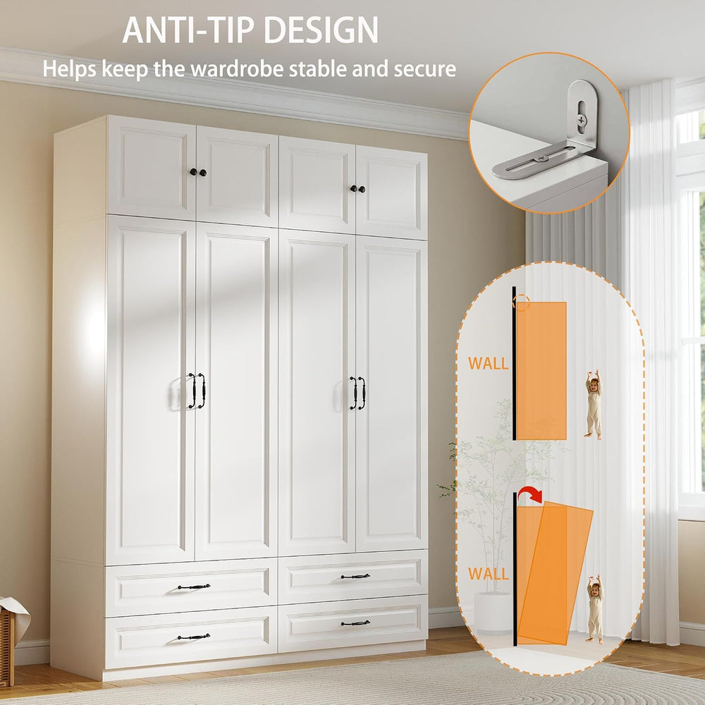 White Armoire Wardrobe Closet with 4 Drawers, 88" Tall x 63" Wide