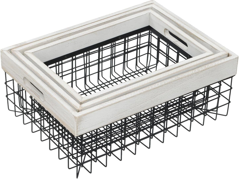 Set of 3 Metal Wire Baskets for Organizing Wood Top with Handles Storage Orga...