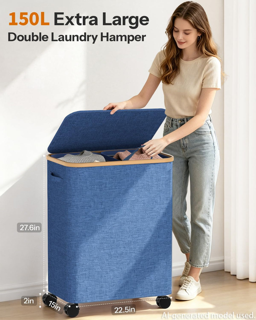 Double Laundry Basket with Wheels and Lid, 150L Clothes Hampers for Laundry
