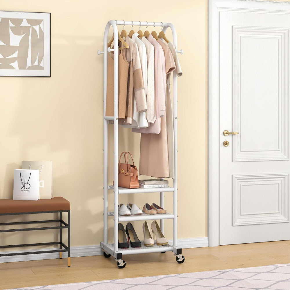 Kaitiemoo Clothing Rack, Mobile Garment Rack with Wheels & 3 Shelves, White