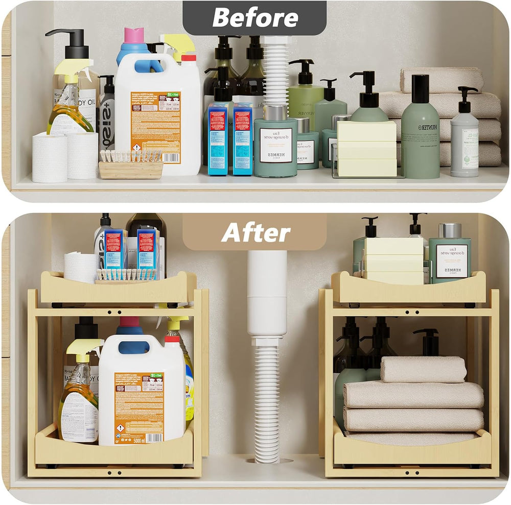 Bamboo Under Sink Organizer Adjustable Height 2 Tier Bathroom Organizer Pull ...
