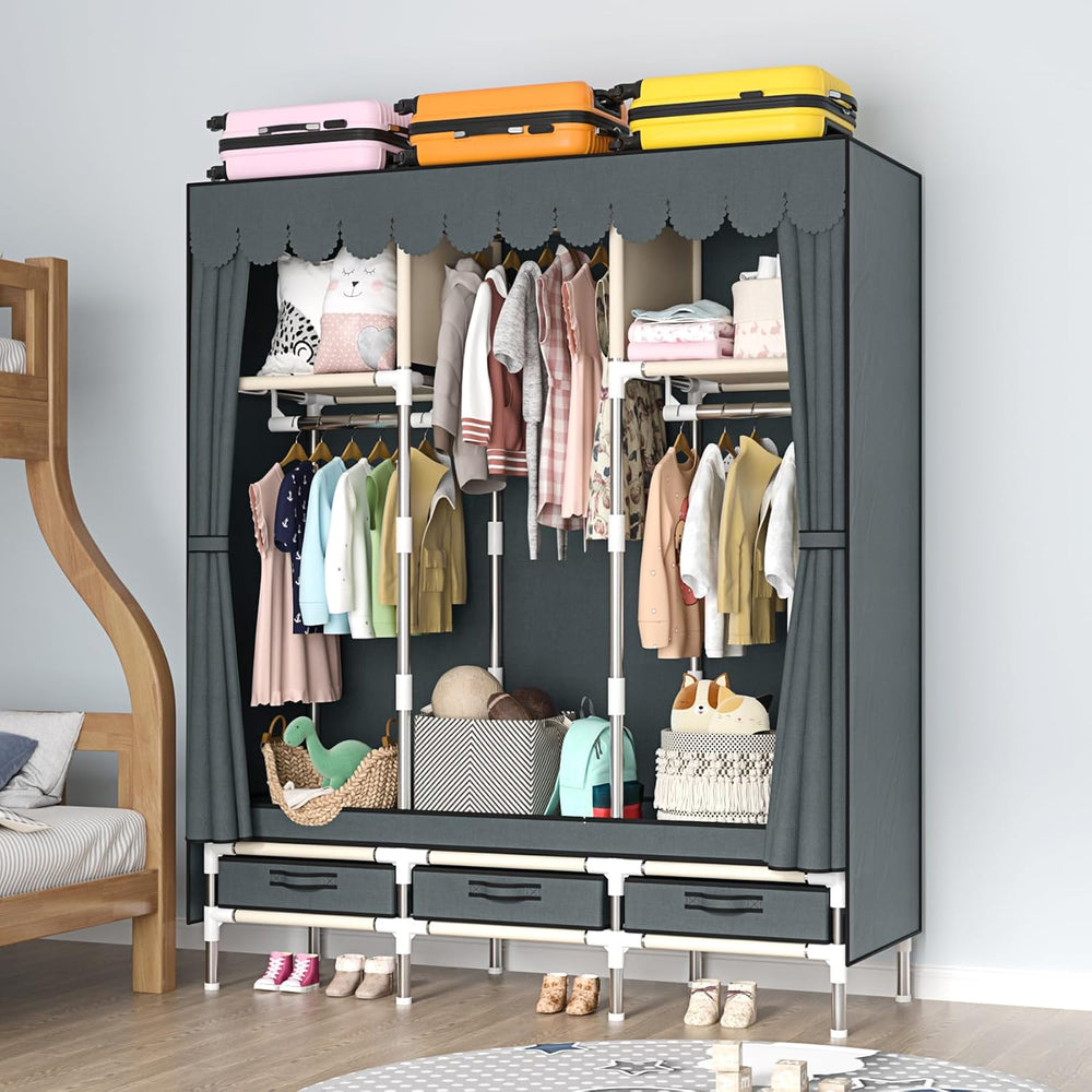 Portable Armoire Wardrobe Closet with 3 Drawers and 3 Hanging Rods,Cloth Clos...