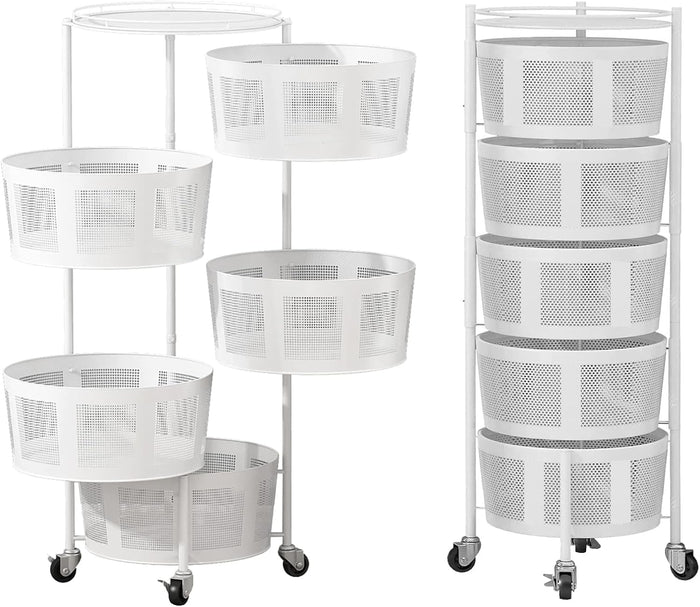 Rotating Kitchen Baskets Rack 5 Tier Round Mesh Baskets Fruit Vegetable Organizing Rolling Storage with Wheels, White