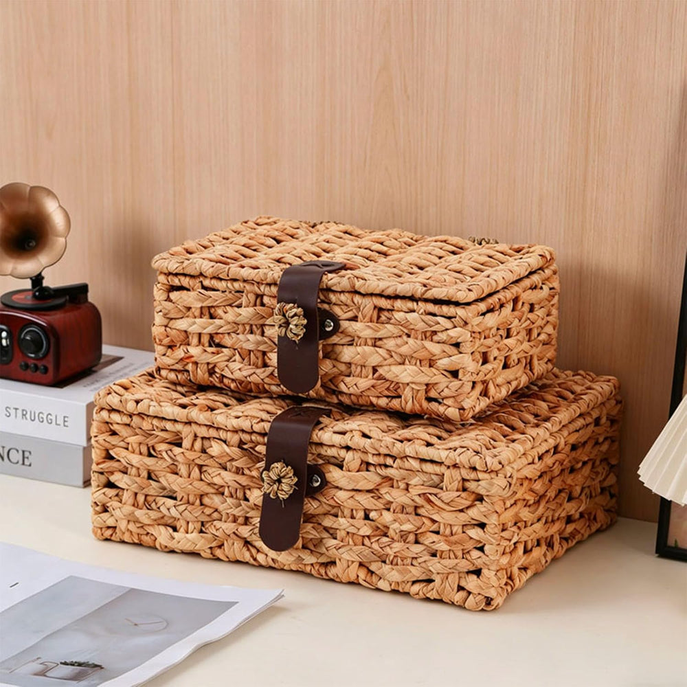 Water Hyacinth Wicker Storage Box with Lid （Large）
