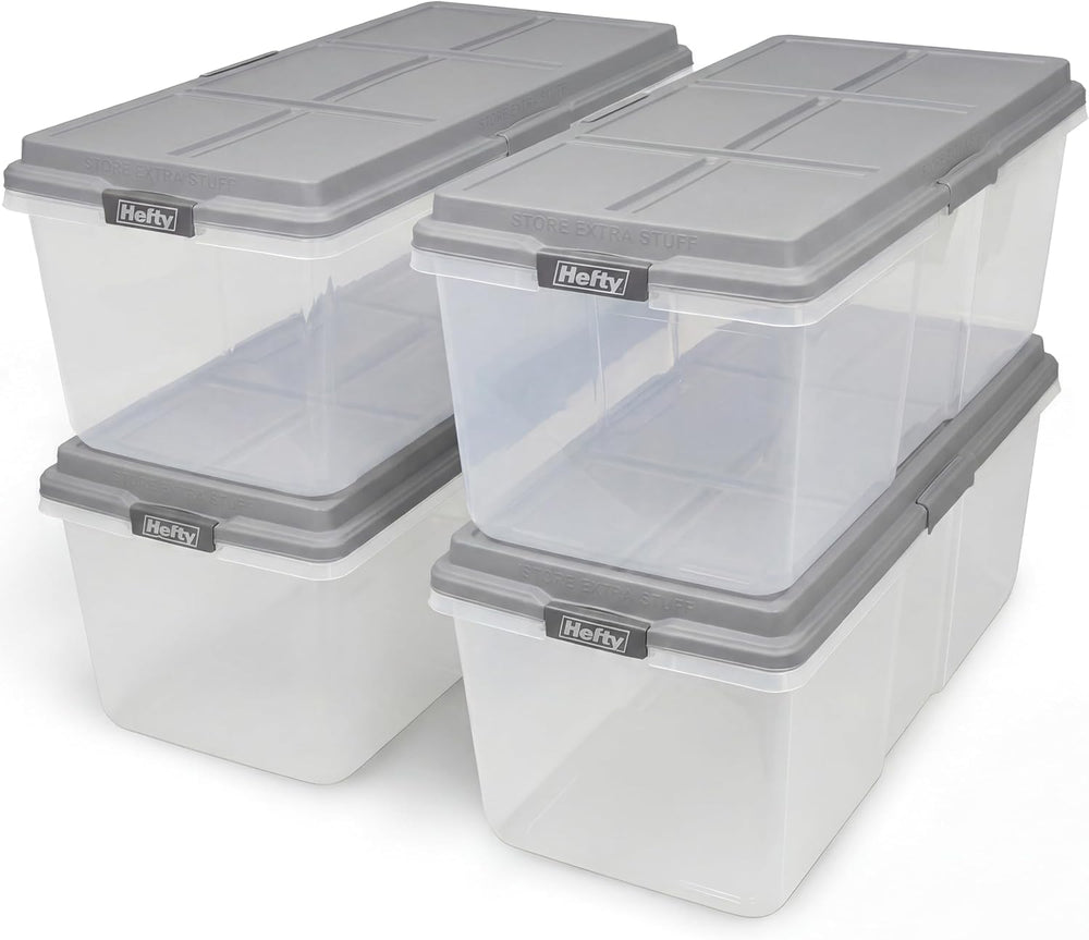 Hefty 113 Qt Hi-Rise Storage Bin with Lid, Stackable Plastic Storage Containe...