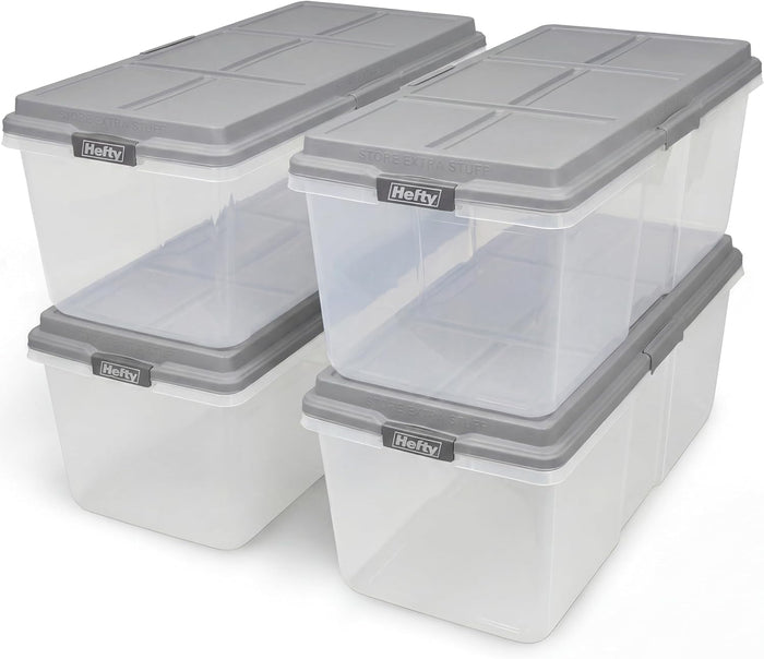 Hefty 113 Qt Hi-Rise Storage Bin with Lid, Stackable Plastic Storage Container, Organizer for Home, Garage & Closet, 4 Pack, Gray