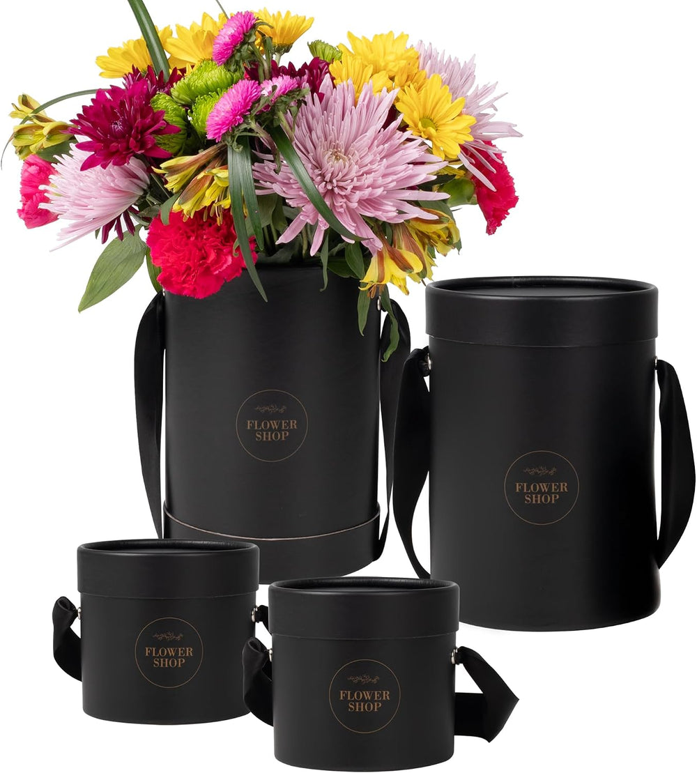 4 Flower Bouquet Hat Boxes | 2 Per Size Round Floral Arrangement Vase | Satin...
