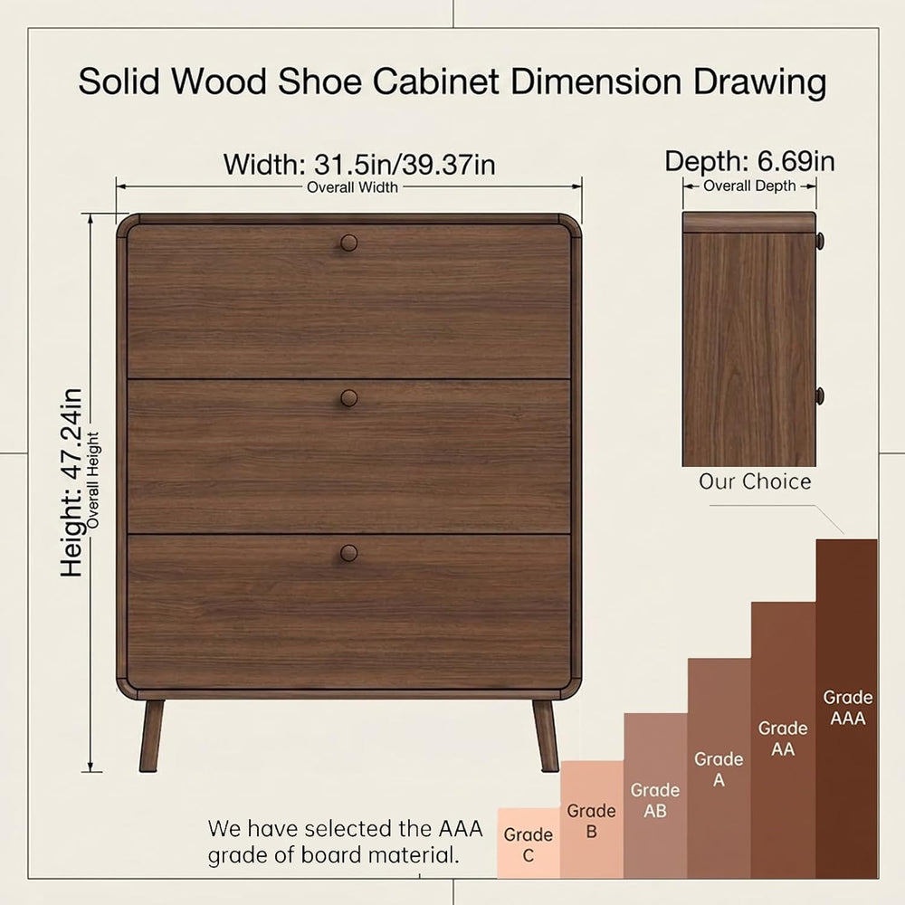 7" Slim Shoe Cabinet 3 Flip Drawers Wooden Shoe Storage Organizer