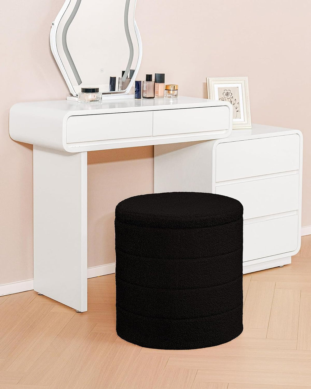B FSOBEIIALEO Folding Storage Ottoman, Round Sherpa Ottomans, Black