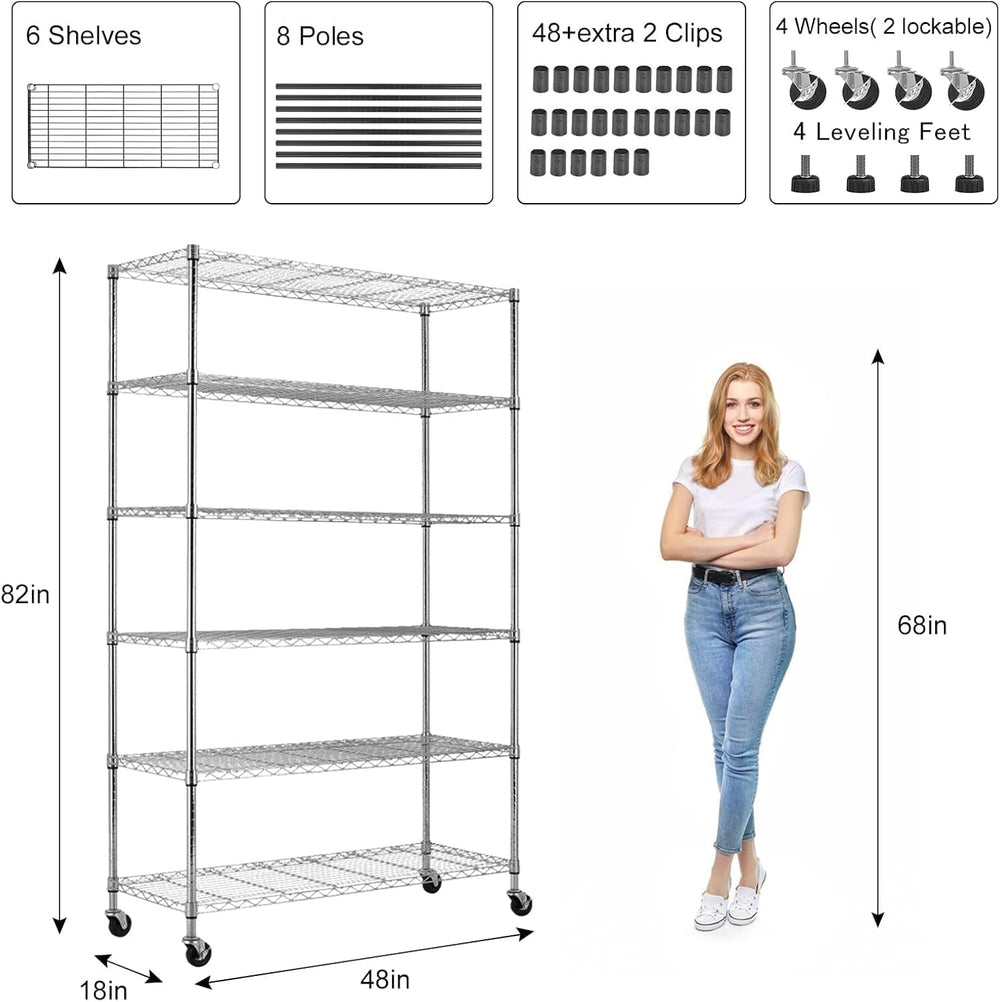 Wire Shelving Unit with Wheels, 6 Tier Adjustable Storage Shelves