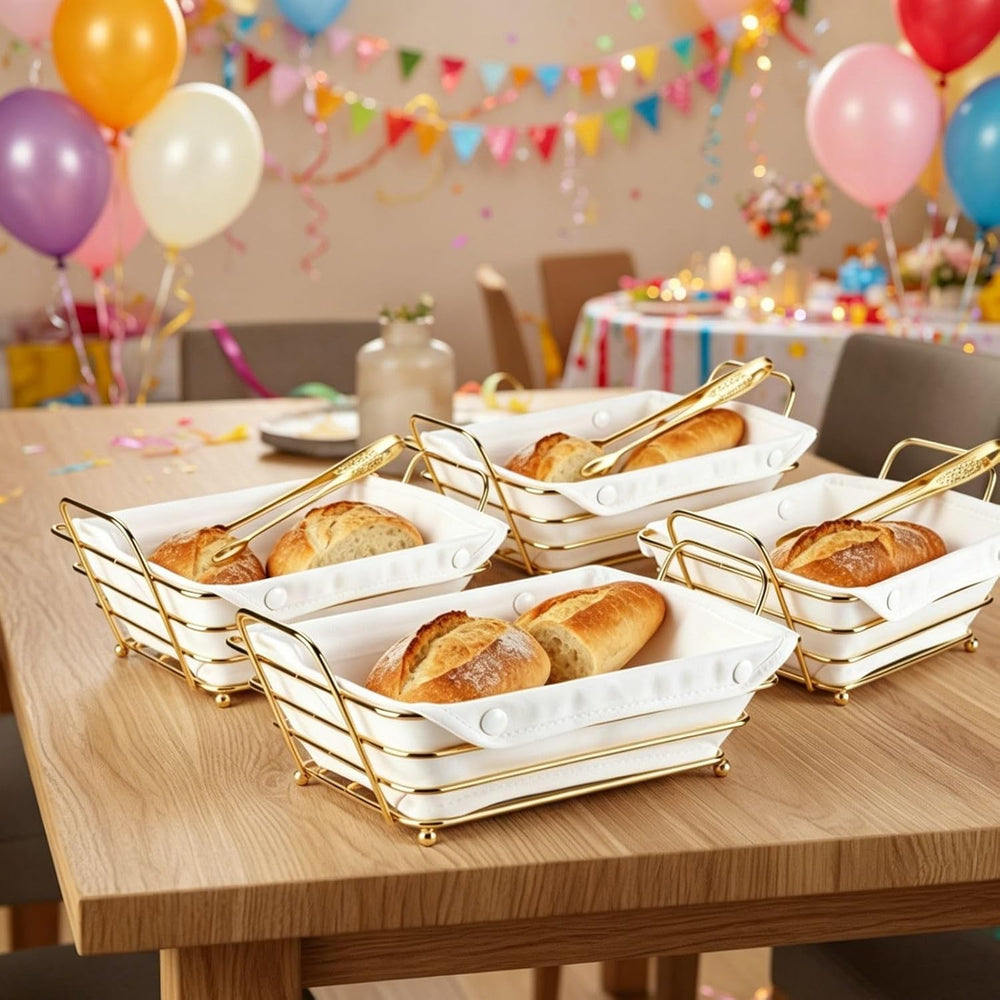 4 Pcs Metal Bread Serving Basket with Liner Cloth,Gold Baskets with Tongs for...