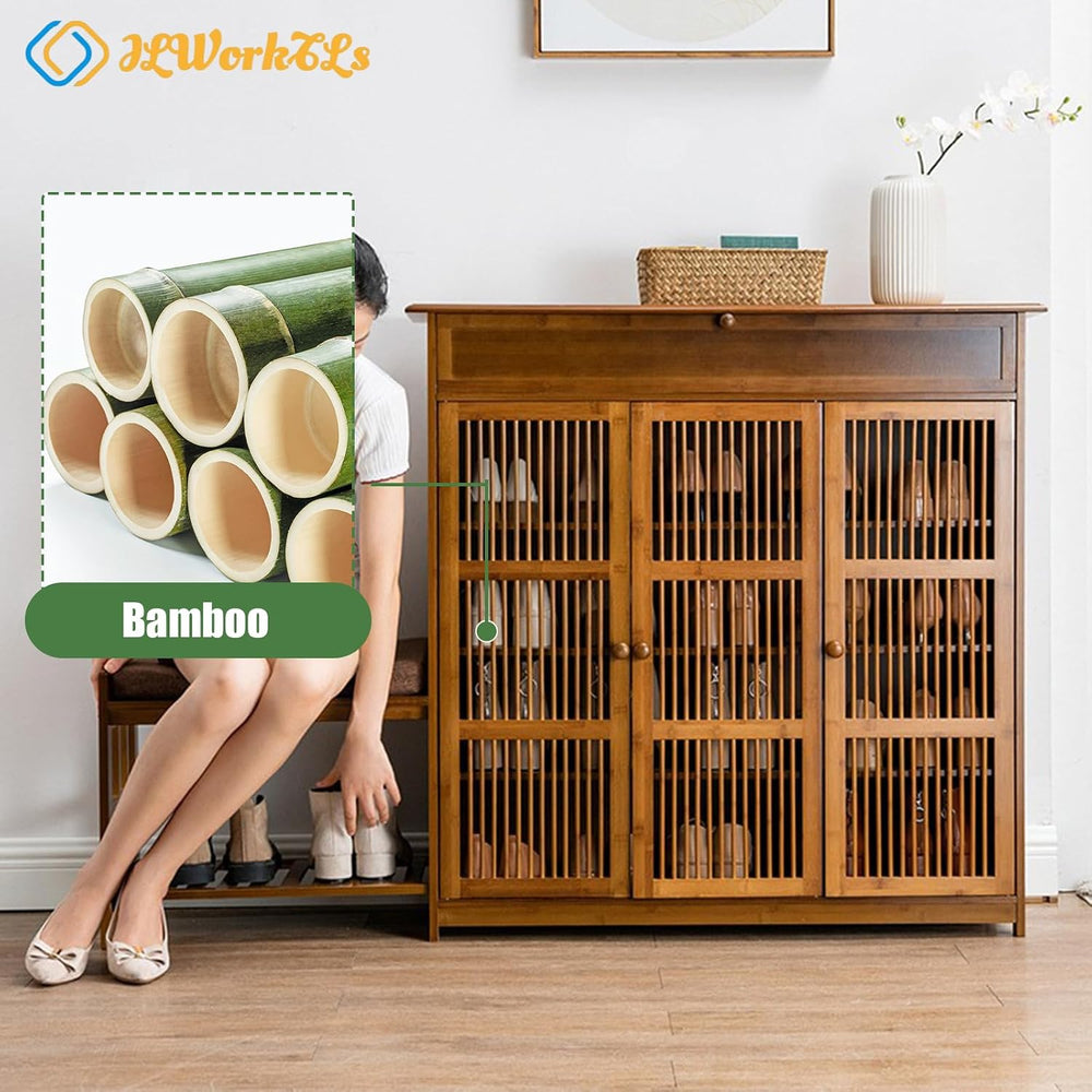 Bamboo Shoe Storage Cabinet with Drawer and Wide Top,5-Tier Shoe Storage Cabi...
