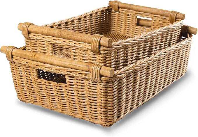 The Basket Lady Low Pole Handle Wicker Storage Basket, 19.5 in L x 12.5 in W x