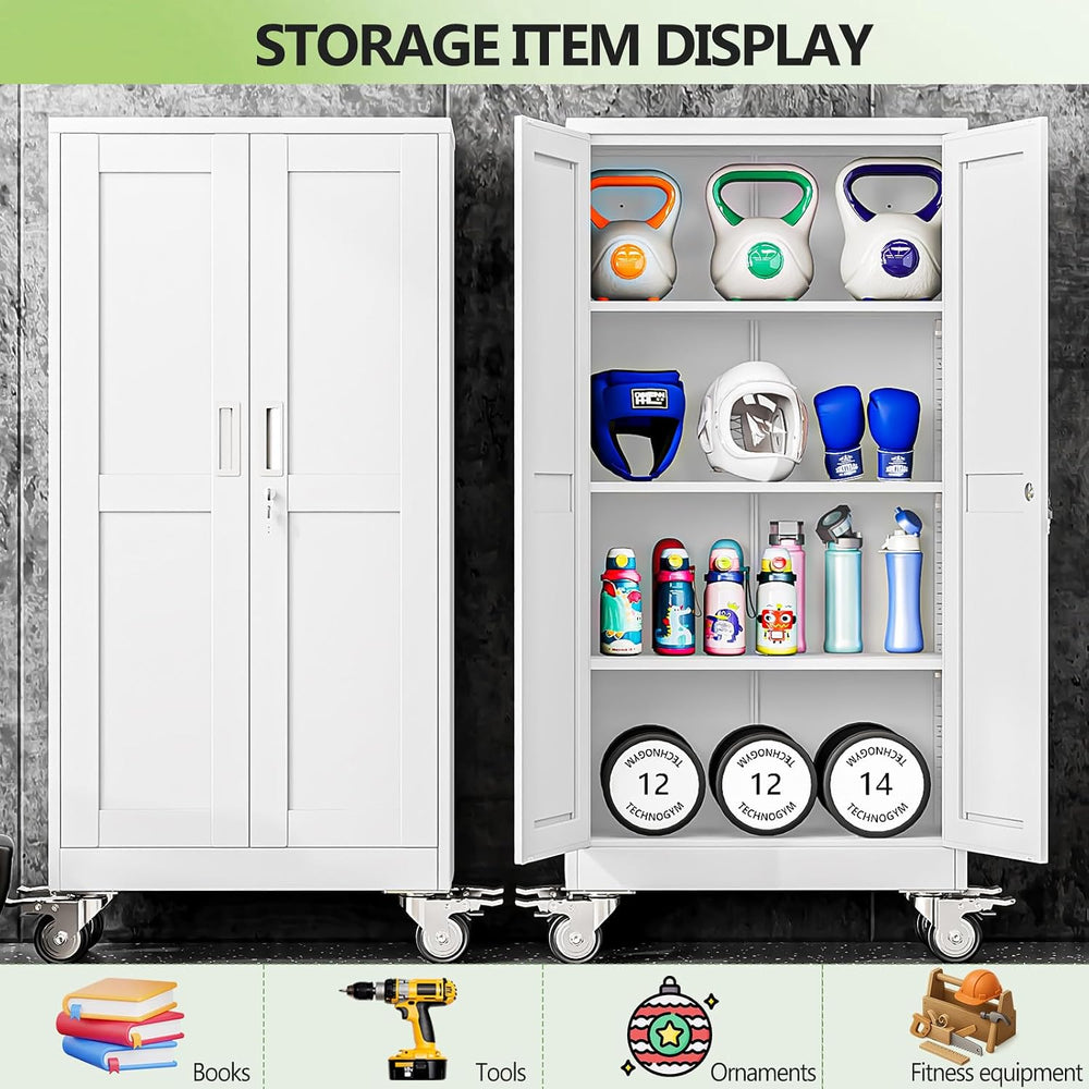 Metal Garage Storage Cabinet, 61”Tall Rolling Utility Cabinet White