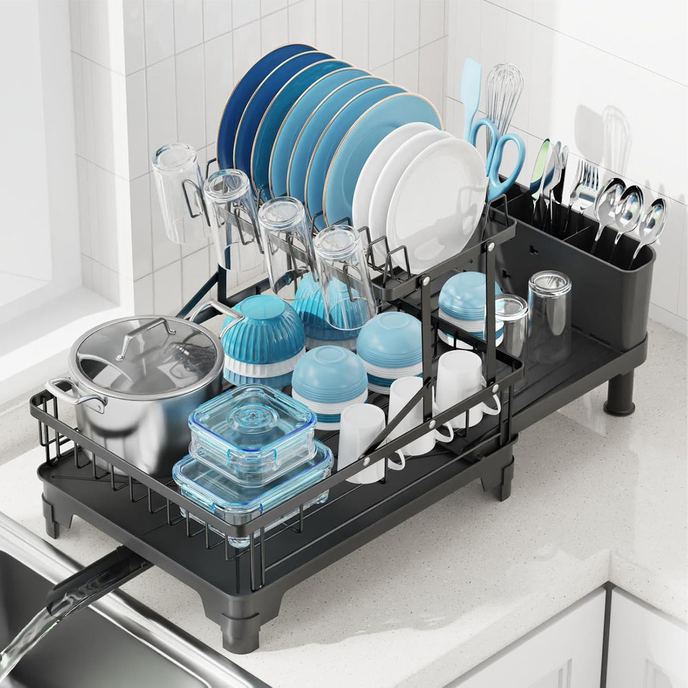 GSlife Large Expandable 2 Tier Dish Drying Rack for Kitchen Counter, Black