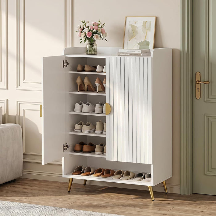 GIANTEX Shoe Storage Cabinet w/Doors, Adjustable Shelves, Metal Legs, White