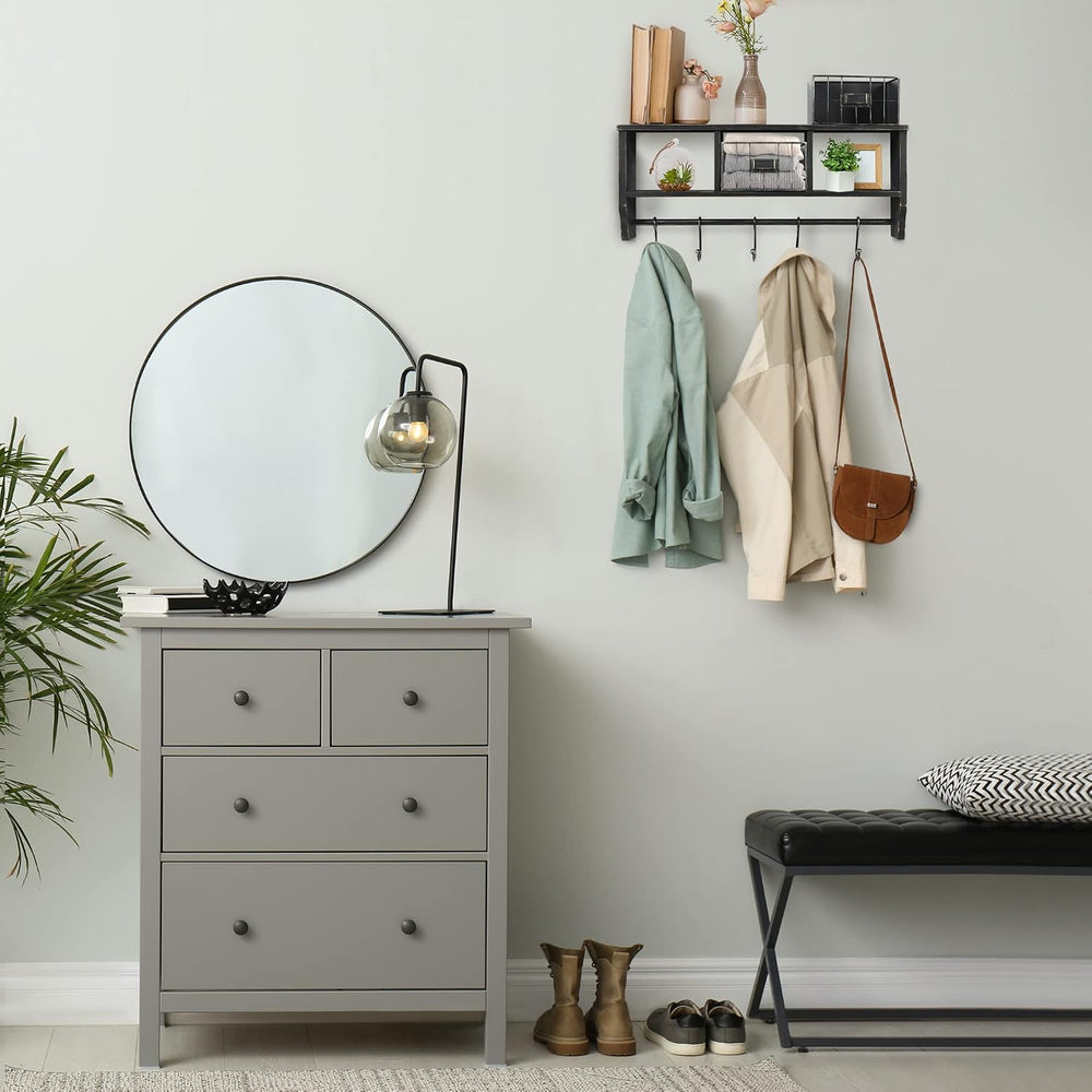 HBCY Creations Wall Mounted Shelf with Coat Hooks and Baskets, Solid Wood Ent...