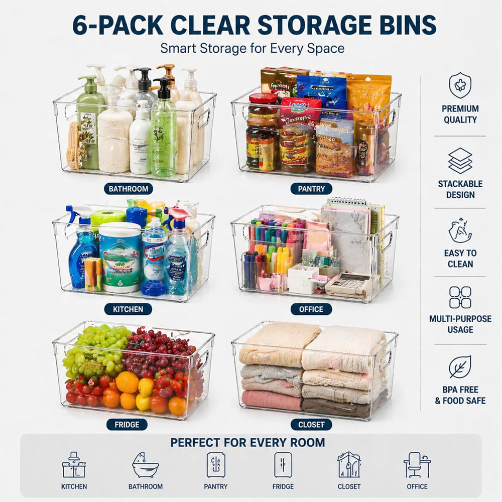 MOONEDGE 6 Pack Clear Organizer Bins 11x8x6in Pantry Organizers and Storage
