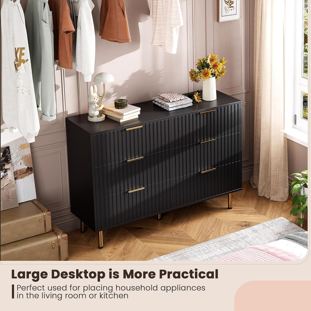 GarveeHome 47.2" Fluted Black 6 Drawer Dresser for Bedroom with Deep Drawer