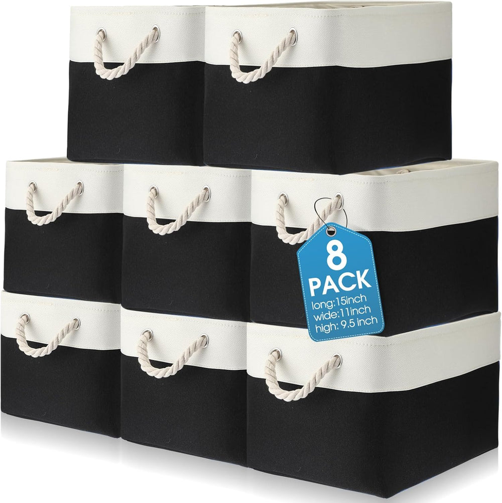meekoo 8 Pack Fabric Storage Bins Baskets, 15 x 11 x 9.5 in, Black White