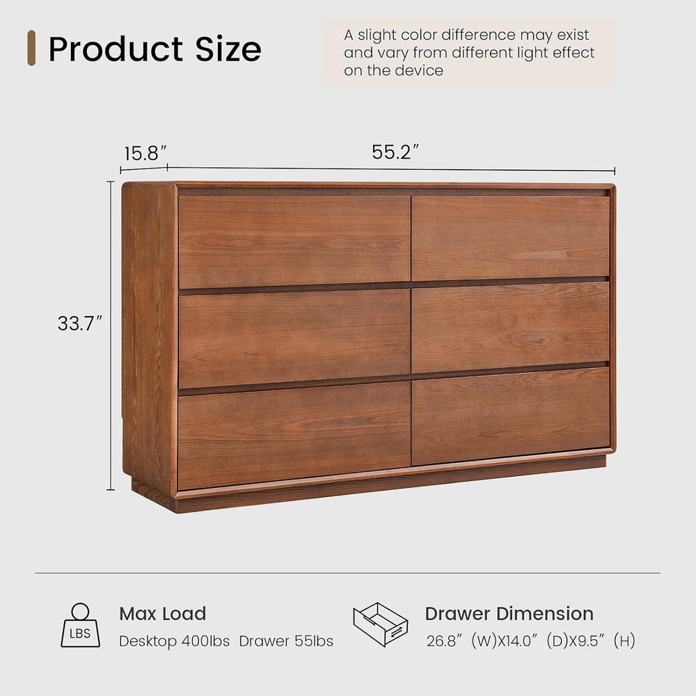 Solid Wood Dresser, 55.2" Wide Mid Century Modern Dresser, Brown