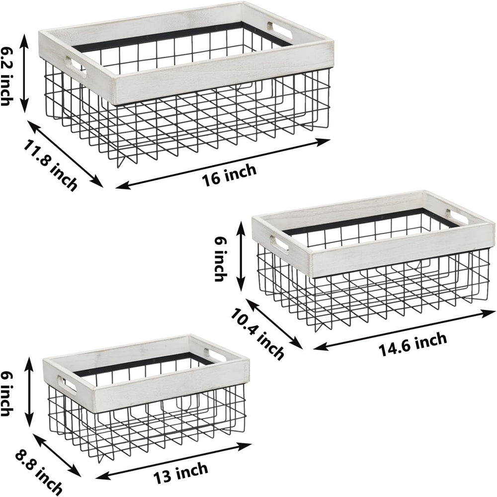 Set of 3 Metal Wire Baskets for Organizing Wood Top with Handles Storage Orga...