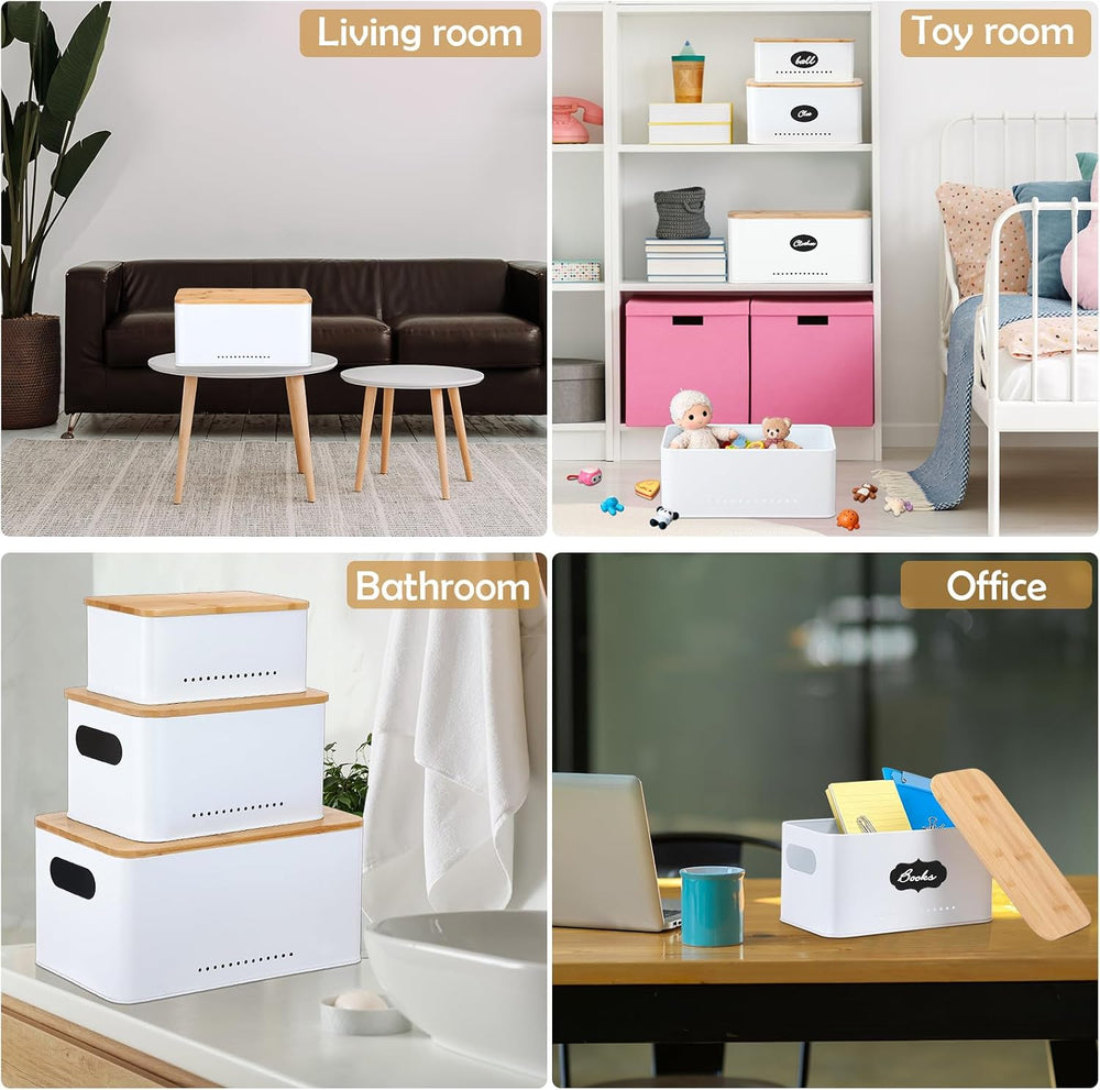3 Pcs Metal Storage Box with Lid Nesting Farmhouse Storage Bins, White