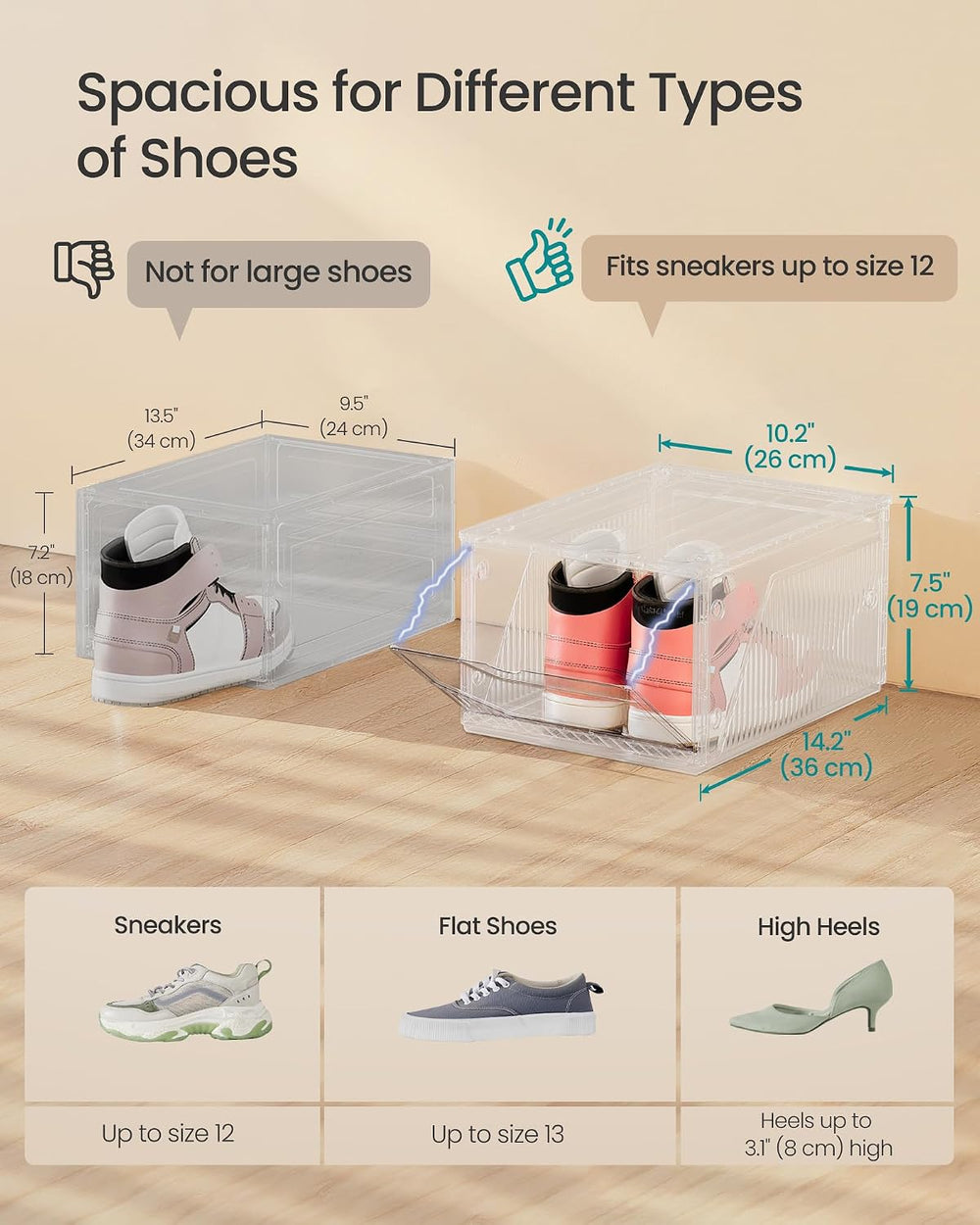 SONGMICS Shoe Boxes with Magnetic Doors, Set of 12, Fit up to US Size 12