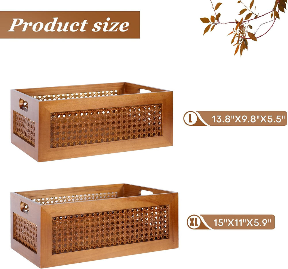 Rattan Wooden Box Set of 2 Handmade Decorative Storage Basket with Handles