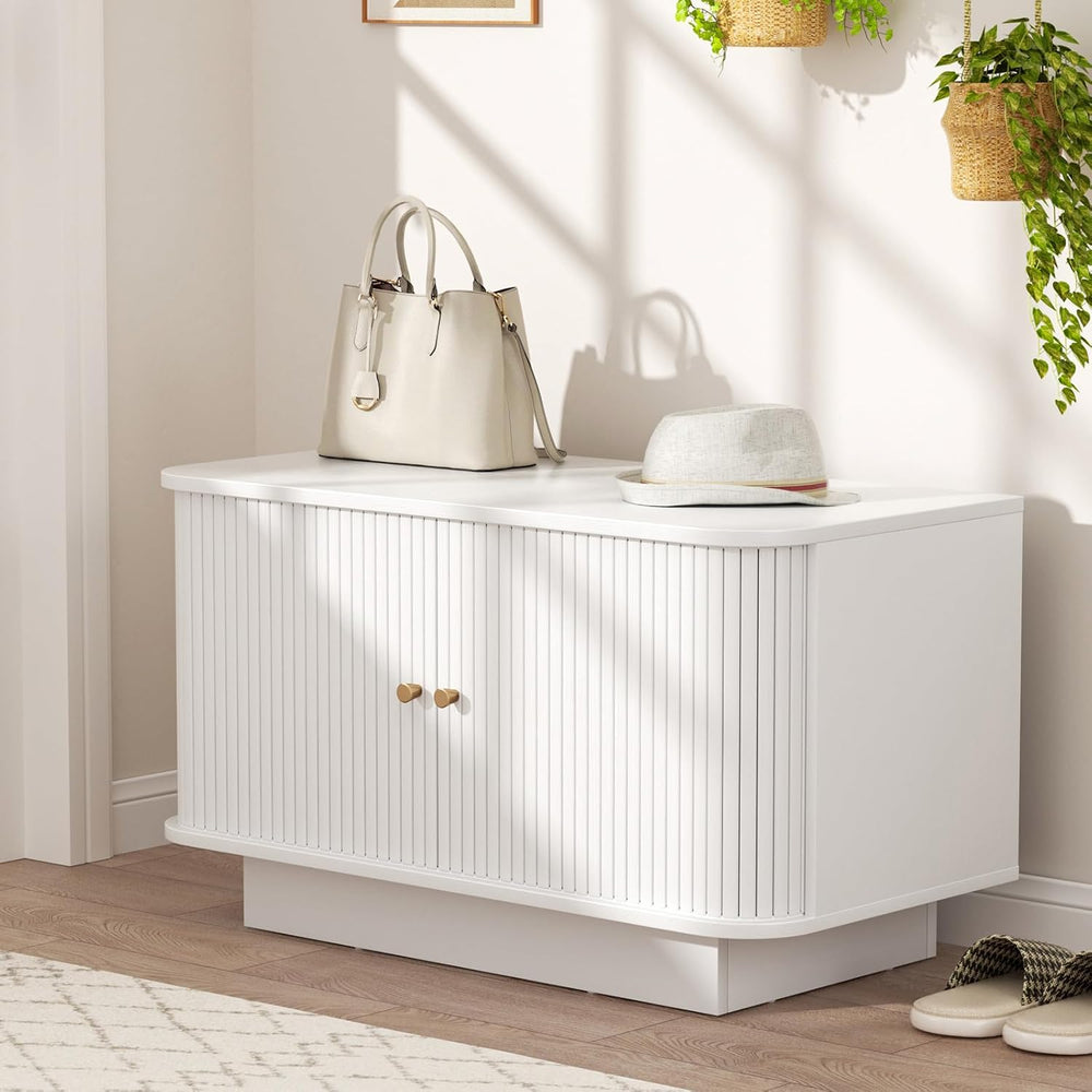 AKMAKM Fluted Entryway Bench with Shoe Storage, 31" W Small Shoe Bench w...