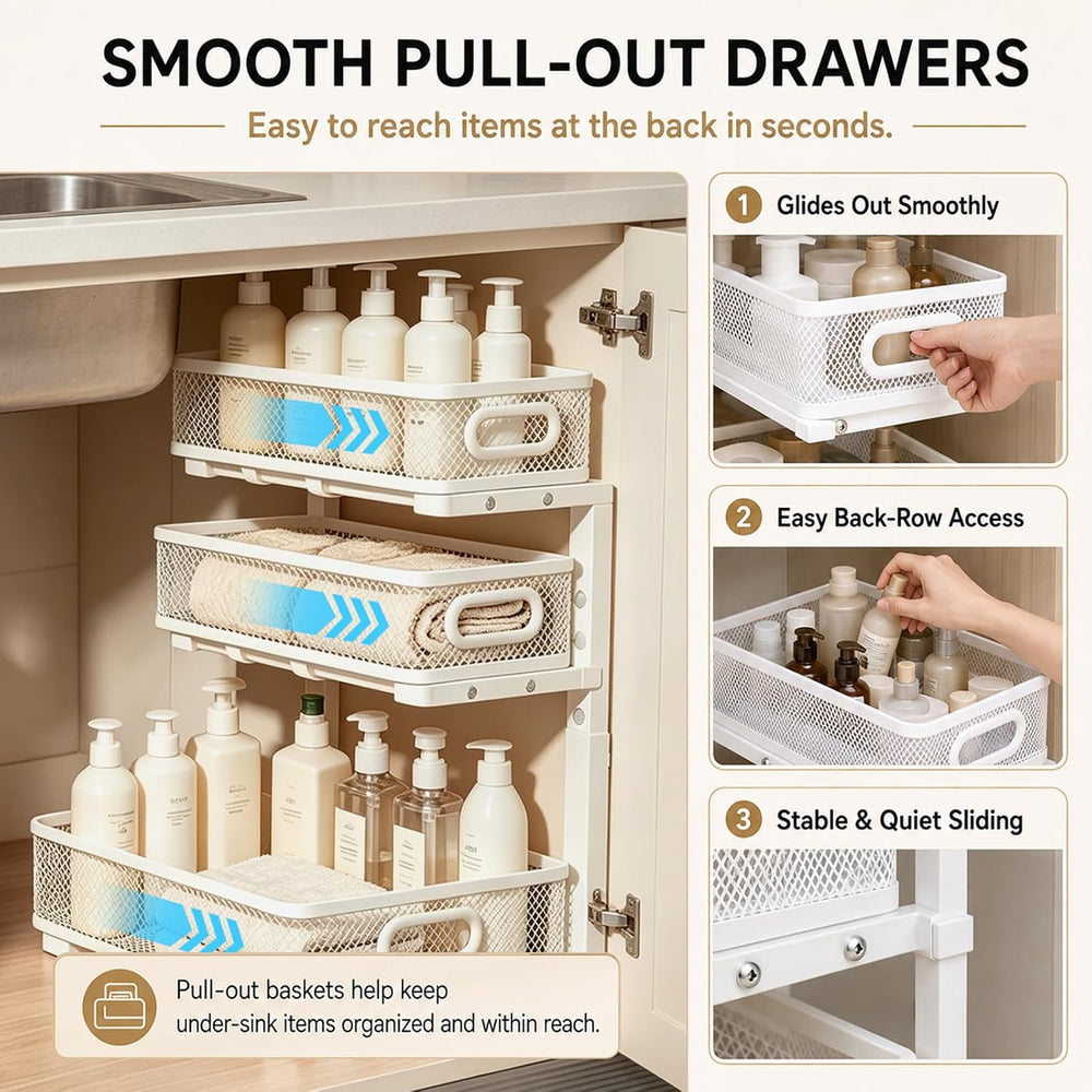2 Pack 3 Tier Under Sink Organizer with Pull Out Drawer, Height Adjustable He...