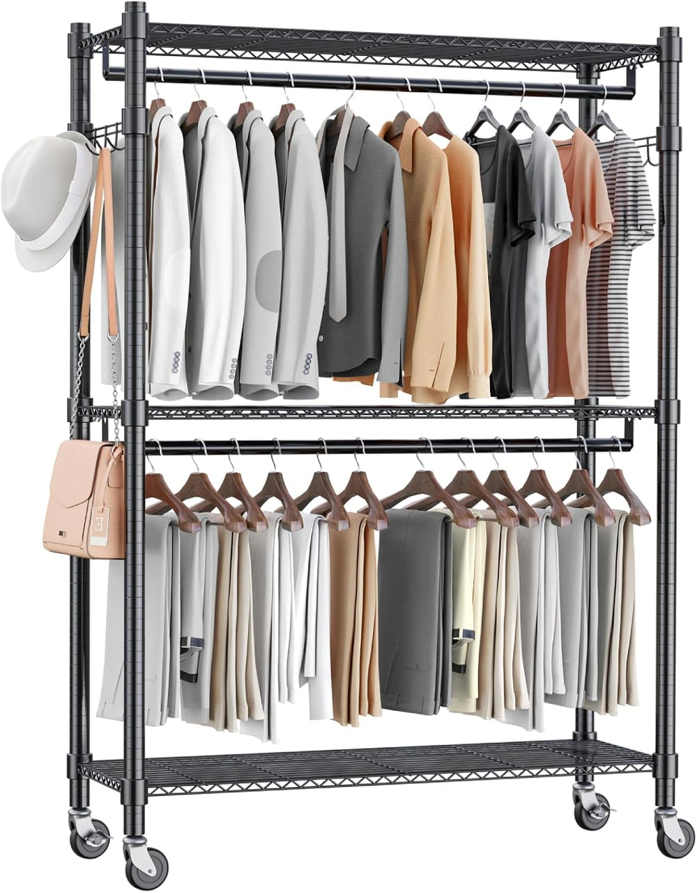 Homdox Rolling Garment Rack with Double Rod, Heavy Duty Clothing Rack with Sh...