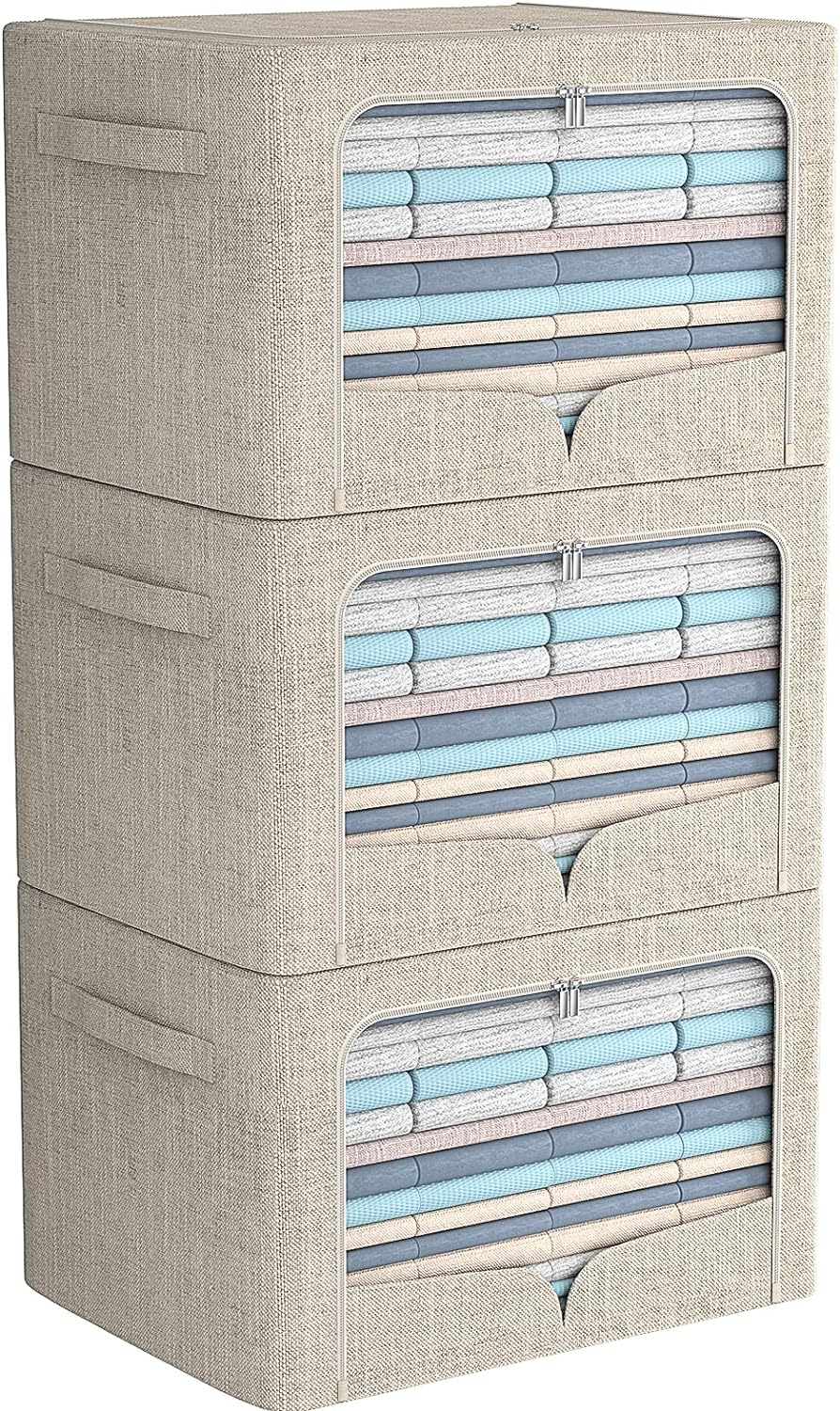 FHSQX 3 Pack Clothes Storage Bins - Foldable Metal Frame Storage Box - Stacka...