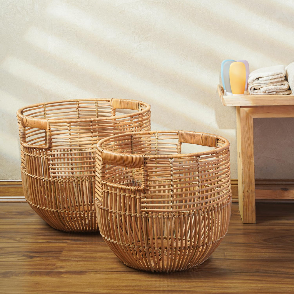 Set Of 2 Large Woven Blanket Baskets With Handles | Round Wicker Rattan Stora...