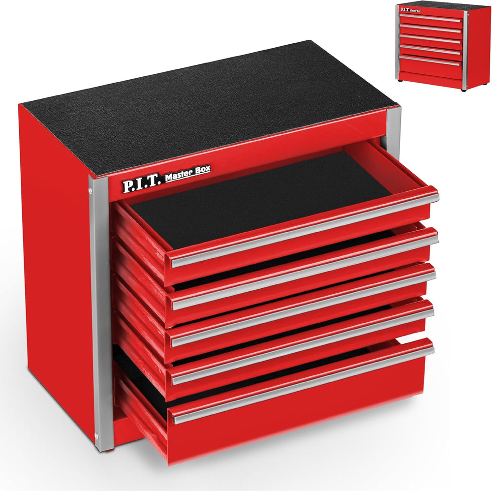 P.I.T. Mini Tool Box,Small Metal Toolbox Organizer with 5 Drawers,Red