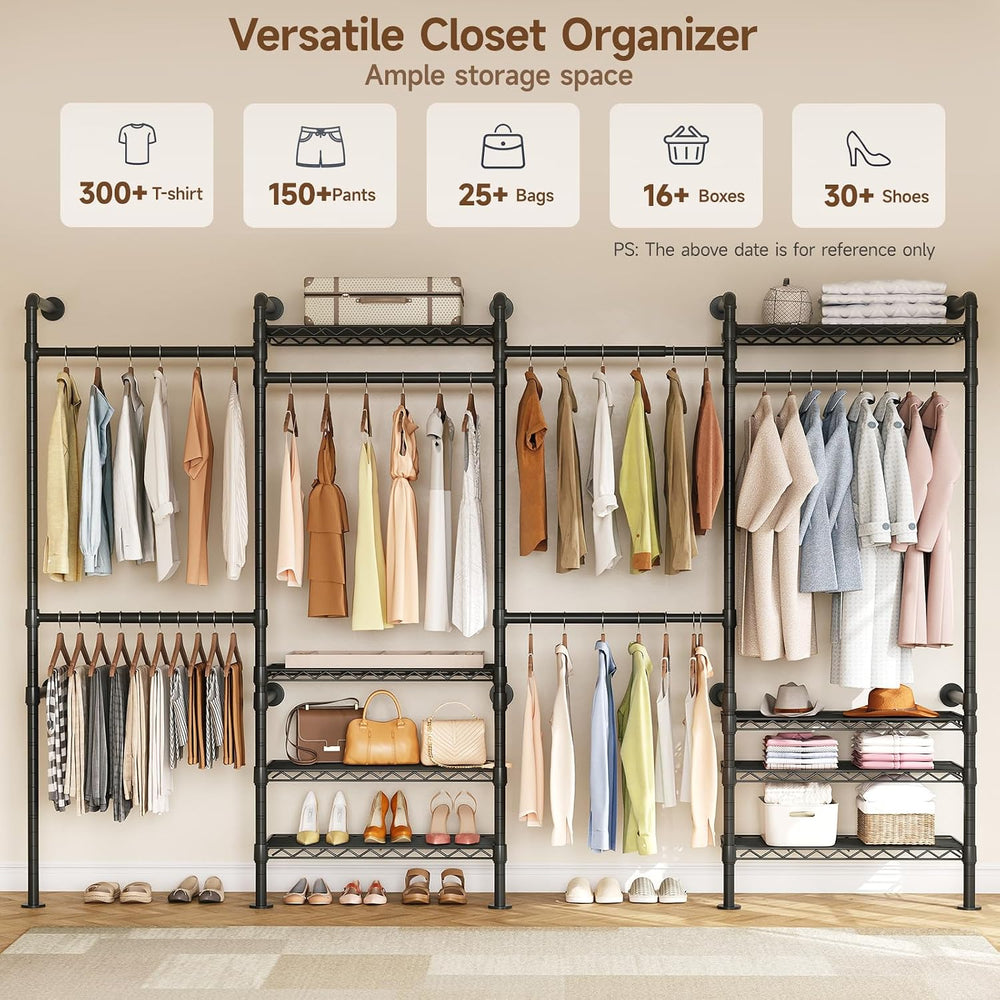 H4 Wall Mounted Closet System, Expandable Industrial Pipe Clothing Rack
