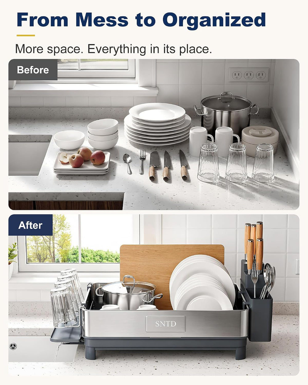 SNTD 304 Stainless Steel Dish Drying Rack for Small Kitchen Counter, Grey
